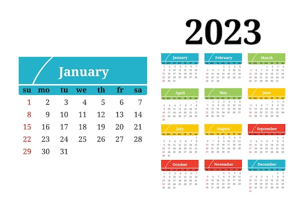 Calendario per il 2023 isolato su sfondo bianco