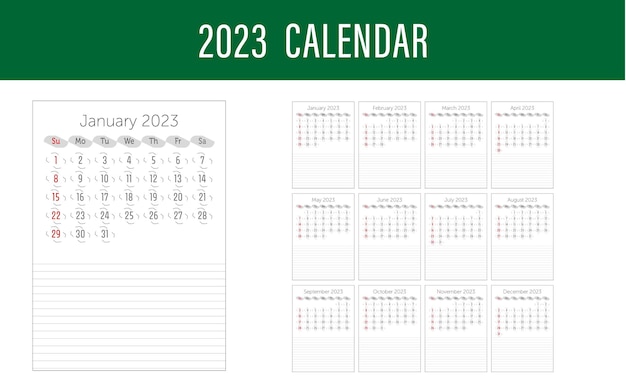 Calendar 2023 kalendarium day number week planner time meeting business