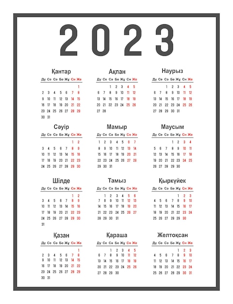 Calendario del 2023 in kazako. inizio settimana domenica