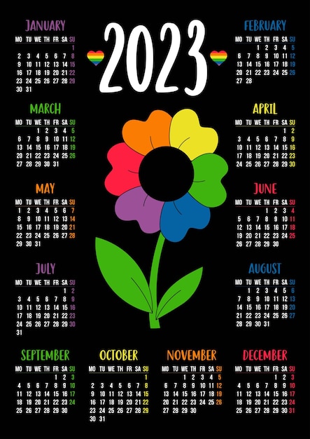 Vettore calendario 2023 simbolo lgbtq fiore con petali arcobaleno bandiera lgbt colori arcobaleno modello verticale