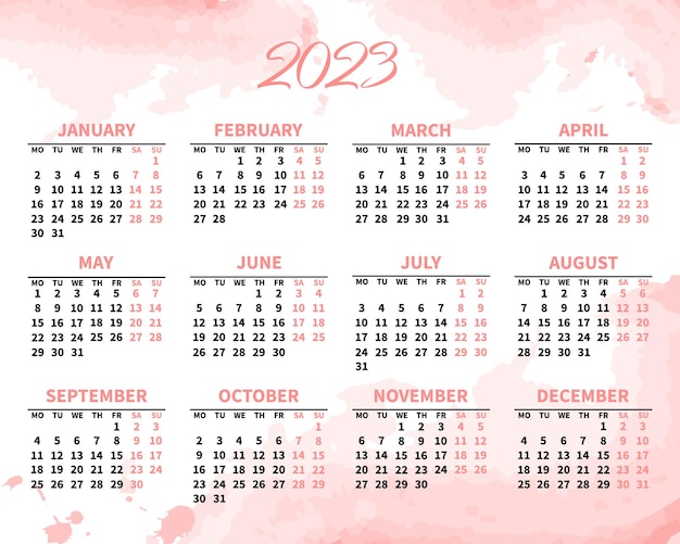 Calendar for 2023 on pink watercolor background. Template for print, planner, vector