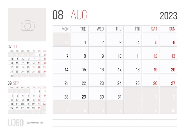 Vector calendar 2023 planner corporate template design month august