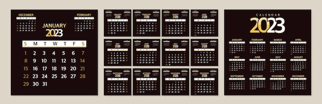 Calendar 2023 Planner template the beginning of the week on Sunday Vector illustration on a black