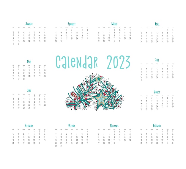 Calendar 2023 poster, doodle stylized stars decoration and Christmas tree with Viva Magenta color