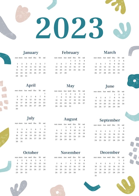 Vector calendar 2023 retro abstract with texture vertical one sheet with all monthes week start on sunday a4 a3 a2 a5 vector illustration in trendy style in pastel colors minimalistic design