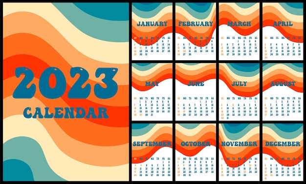 Vector calendar 2023 retro groovy wallpaper vertical covers and 12 month pages week start on sunday a4 a3 a2 a5 minimalistic design