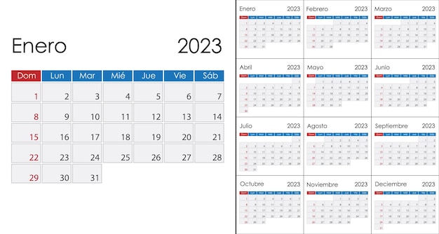 Vettore il calendario 2023 della settimana in lingua spagnola inizia il modello vettoriale di domenica