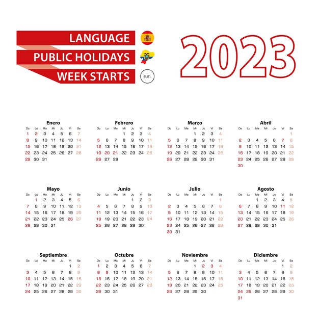 Календарь 2023 на испанском языке с государственными праздниками страны Эквадор в 2023 году