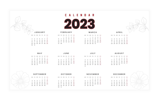 벡터 달력 2023 템플릿입니다. 흑백 컬러의 캘린더 디자인,