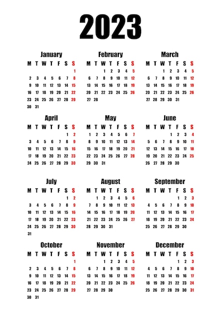 Calendar 2023 week starts on Monday basic business template vector illustration