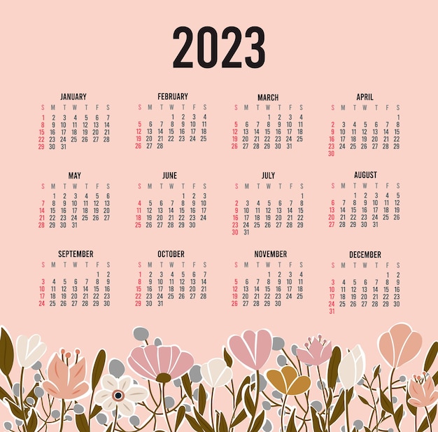 Vector calendar 2023 with 12 months sunday week start annual calendar single page calendar template with hand drawn boho plants and flowers vector illustration