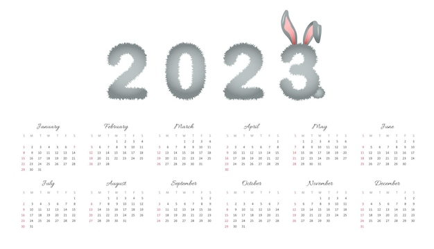 토끼 귀가 있는 달력 2023년 일요일에 시작하는 토끼 년 주