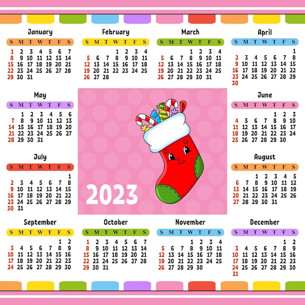 Calendar for 2023 with a cute character Fun and bright design Cartoon style Vector illustration