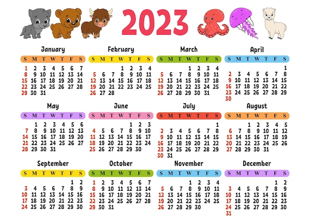 Calendario per il 2023 con un simpatico personaggio design divertente e luminoso in stile cartone animato