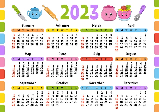 Vector calendar for 2023 with a cute character fun and bright design cartoon style