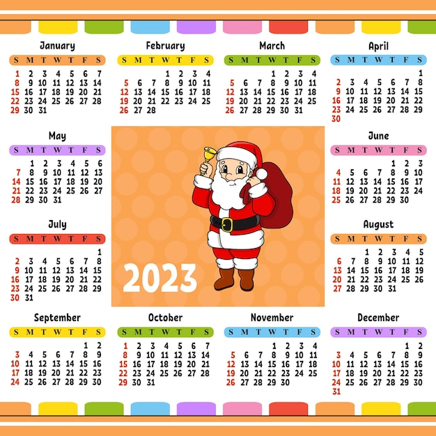 Calendario per il 2023 con un simpatico personaggio design divertente e luminoso in stile cartone animato