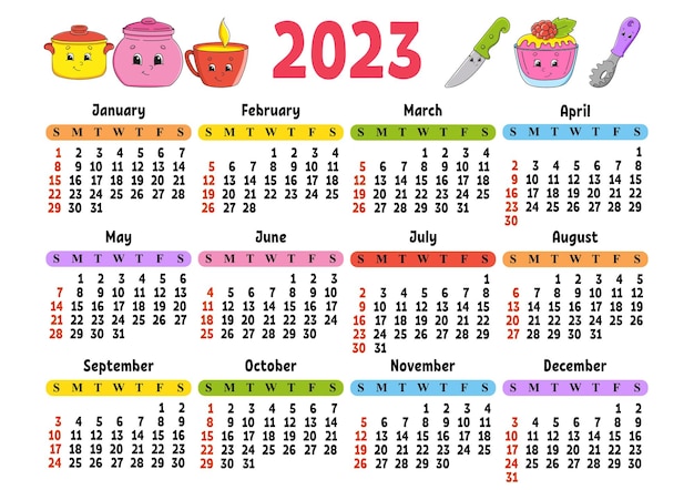 귀여운 캐릭터가 있는 2023년 달력 재미있고 밝은 디자인 격리된 색상 벡터 그림 만화 스타일