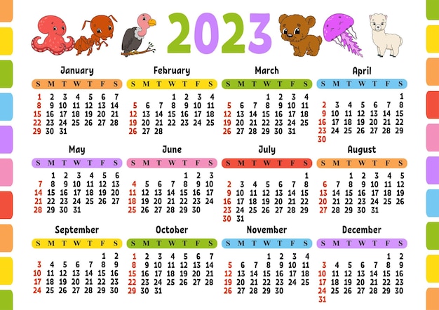 귀여운 캐릭터가 있는 2023년 달력 재미있고 밝은 디자인 격리된 색상 벡터 그림 만화 스타일
