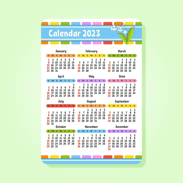 Calendario per il 2023 con un simpatico personaggio design divertente e luminoso formato tascabile in stile cartone animato