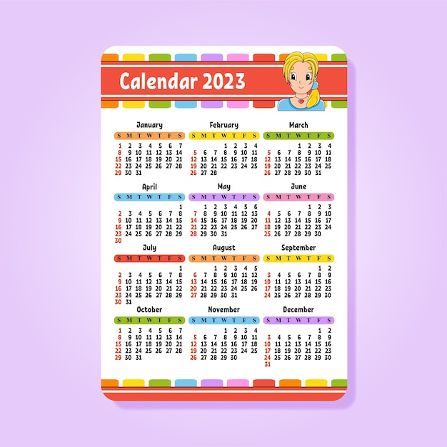 Calendar for 2023 with a cute character Fun and bright design Pocket size cartoon style