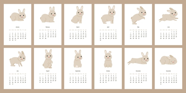 Calendario 2023 con coniglio carino 12 mesi pagine verticali calendario lepre personaggio mascotte simbolo anno