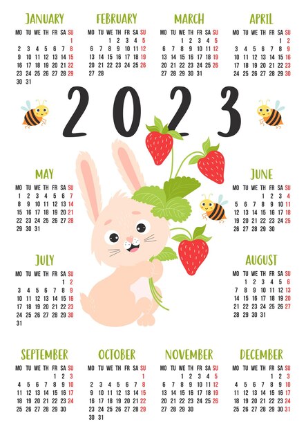 Calendar 2023 with cute rabbit with bouquet strawberries Bunny is symbol year Week from Monday