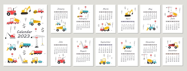 Calendar 2023 with hand drawn cars and tractor. vector illustrations