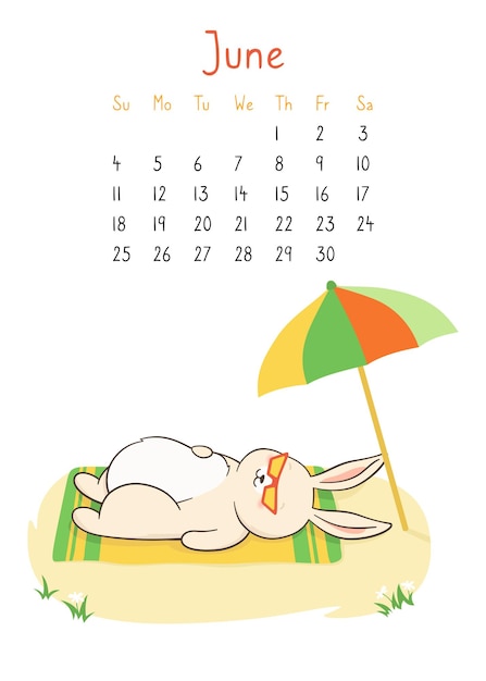 토끼 달력 페이지 6월 플래너 주최자 토끼가 비치 파라솔 포스터에 누워 있는 달력 2023