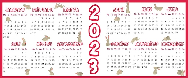 Calendario per il 2023 con conigli del colore del 2023 modello di calendario da stampare in rosa per il 2023