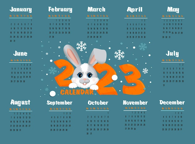 Calendar 2023 with symbol of the year hare rabbit Week starts on Monday