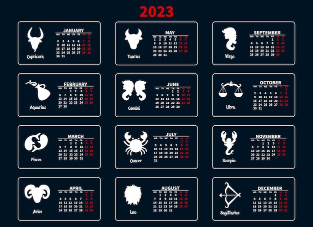 Calendario 2023 con segni zodiacali su sfondo blu. calendario astrologico stampa, illustrazione
