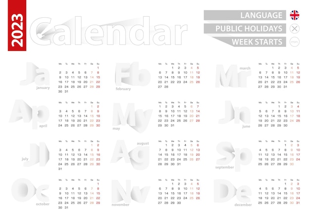2023 年の英語の灰色のベクトル カレンダーのカレンダー