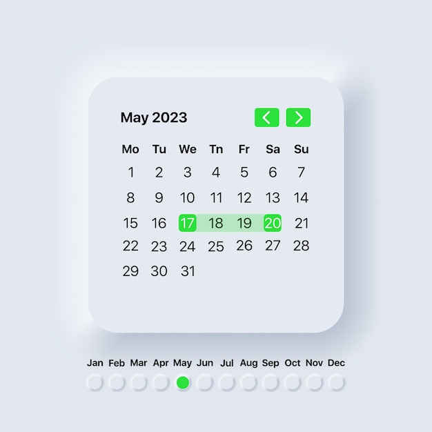 Calendar 2023 year May month Neomorphism style Planner template Vector illustration EPS 10