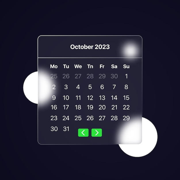 달력 2023년 10월 달 Glassmorphism 스타일 비즈니스 프레젠테이션 또는 광고 벡터 일러스트 레이 션에 사용할 수 있습니다.