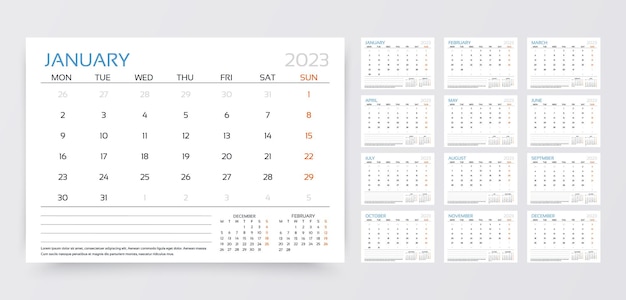 Vector calendar for 2023 year planner template vector illustration monthly schedule grid