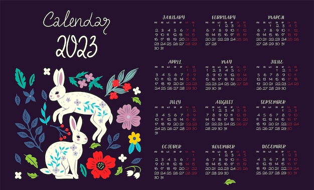 Calendario per l'anno 2023 del coniglio grafica vettoriale