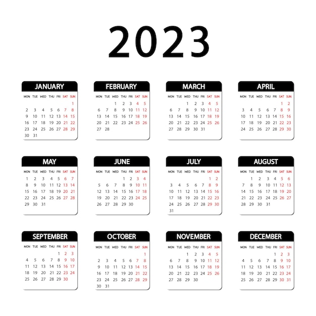 달력 2023년. 한 주가 월요일에 시작됩니다. 연간 러시아 달력 2023 템플릿입니다. 매월 그림자와 함께 흰색 배경에 고립입니다. 세로 방향. 벡터