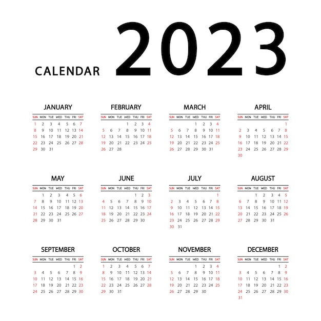 달력 2023년. 한 주가 일요일에 시작됩니다. 연간 영어 달력 2023 템플릿입니다. 심플하고 미니멀한 디자인의 편지지 수직 템플릿입니다. 세로 방향. 벡터