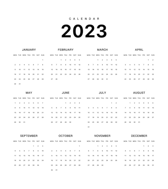 Calendario 2023 anni. illustrazione vettoriale. design minimalista modello isolato su sfondo bianco