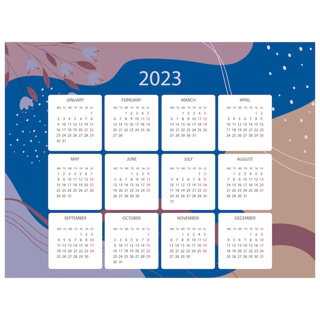 Calendario dell'anno 2023 con disegno astratto