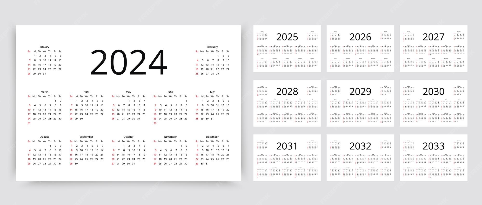 Premium Vector Calendar for 2024 2025 2026 2027 2028 2029 2030 2031