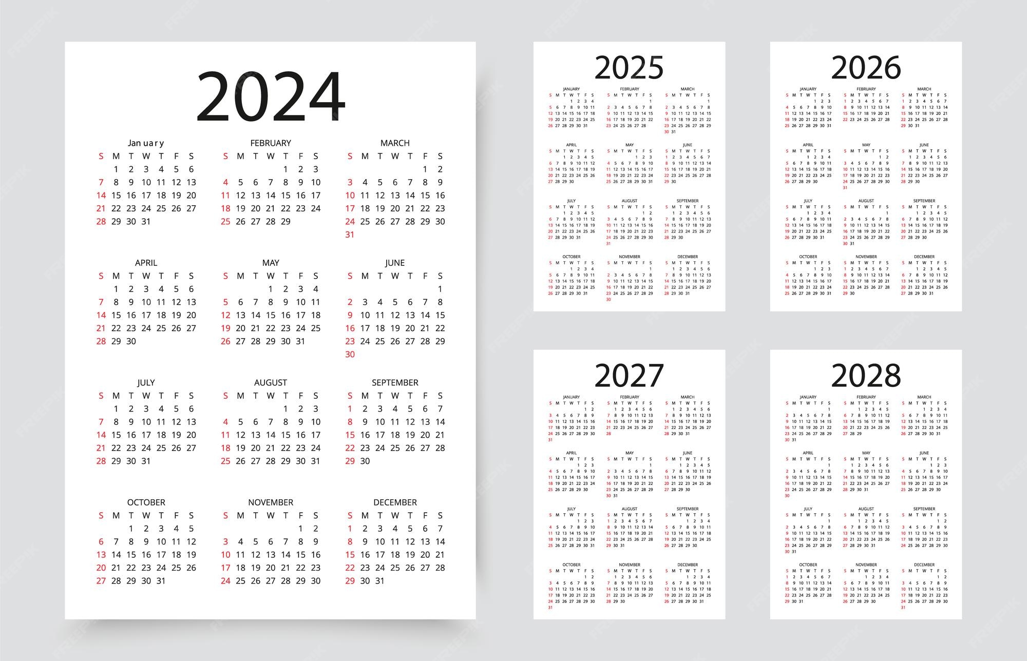 Premium Vector Calendar for 2024 2025 2026 2027 2028 years Simple calender layouts Planner