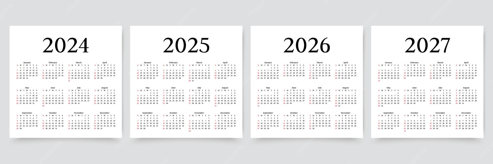 Premium Vector Calendar for 2024 2025 2026 2027 years yearly calender organizer week starts sunday