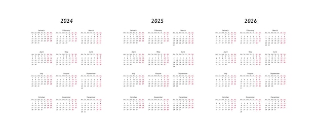 벡터 달력 2024 2025 및 2026주는 월요일 벡터 기업 디자인 플래너를 시작합니다.