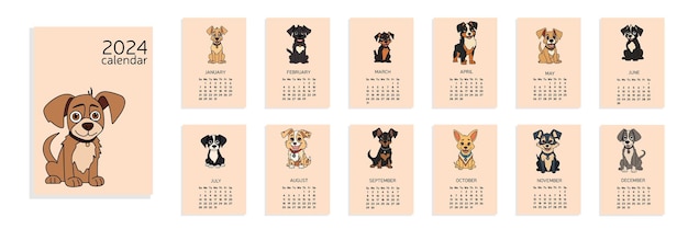 Vector calendar 2024 a4 with dog week start from sunday 12 months calendar with cute puppy colored