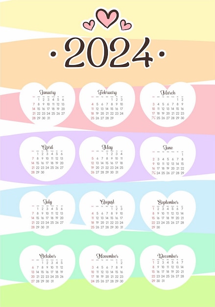 ベクトル 2024年カレンダー 全月 祝日カレンダー 記念日と祝日