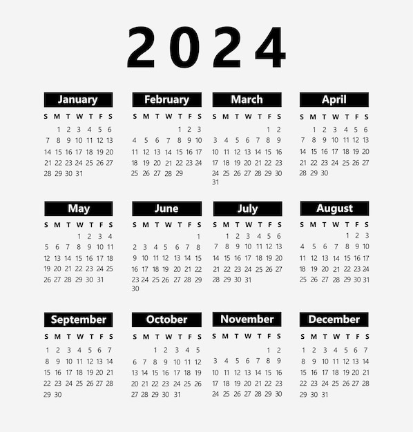 Calendar for 2024 in black and white