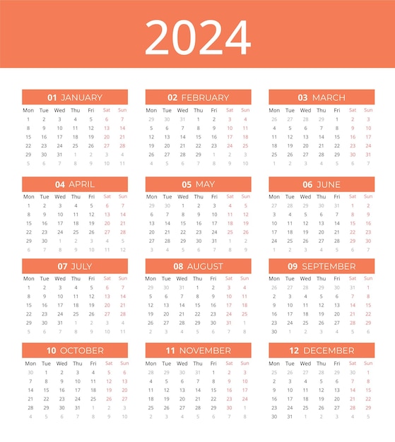 Vector calendar for 2024 calendar 2024 week starting monday simple and professional vector 2024 calendar