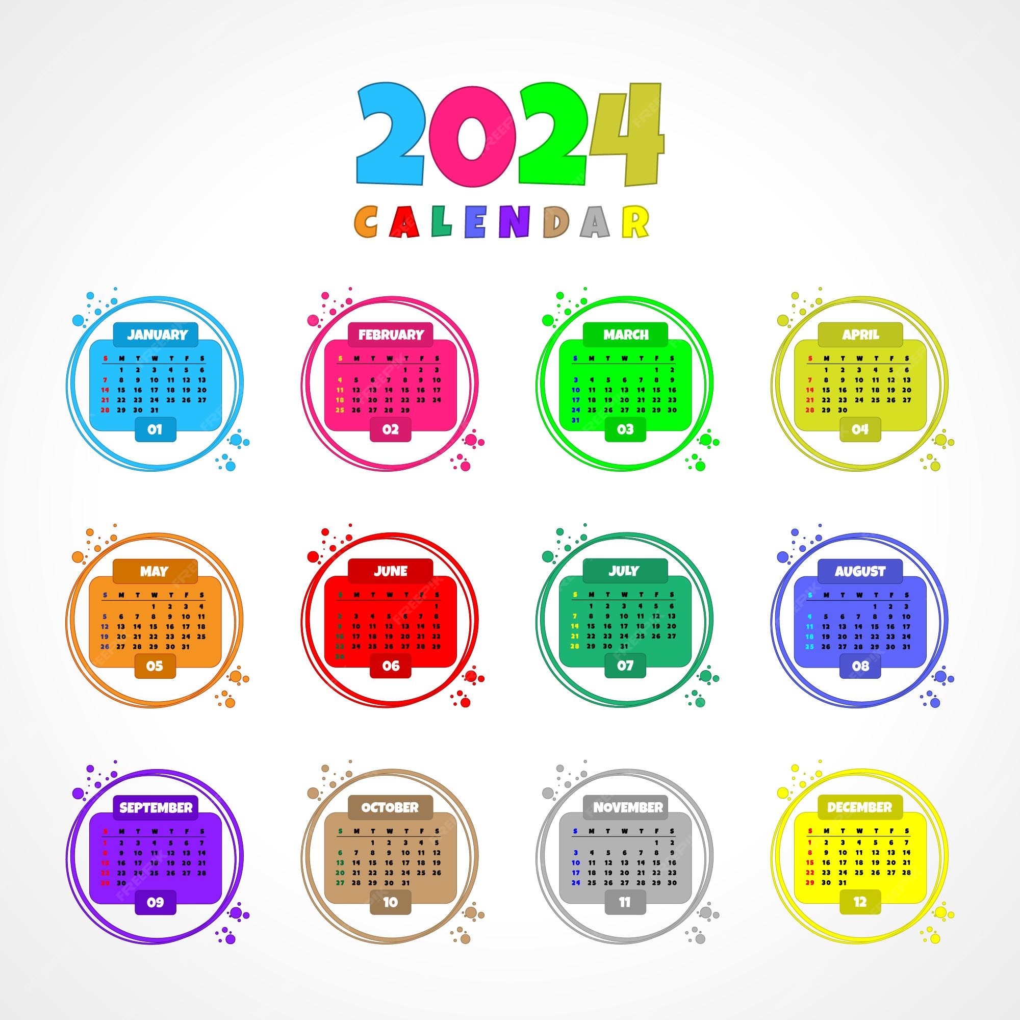 Calendario 2024 colorato stile cartoon modello illustrazione vettoriale