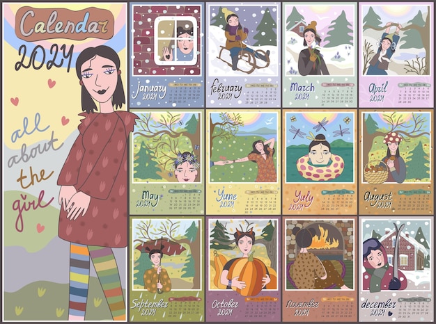 Календарь 2024. Красочный ежемесячный календарь с милой маленькой девочкой в разных ситуациях. Вектор.